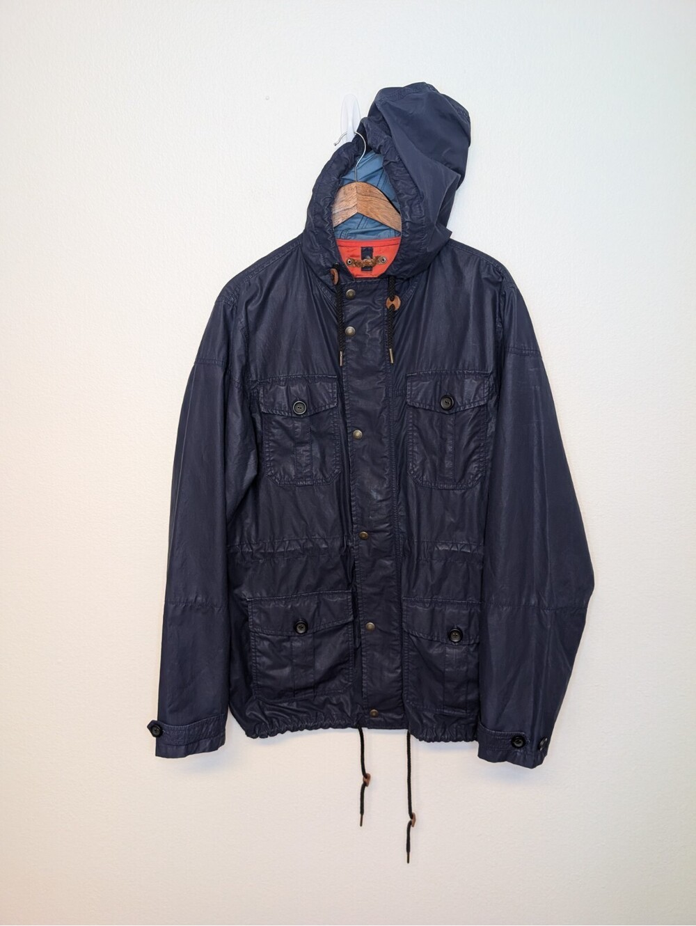 Lands End Womens Dark Navy Blue Rain Jacket Coat Hooded Sz L Zip Pockets